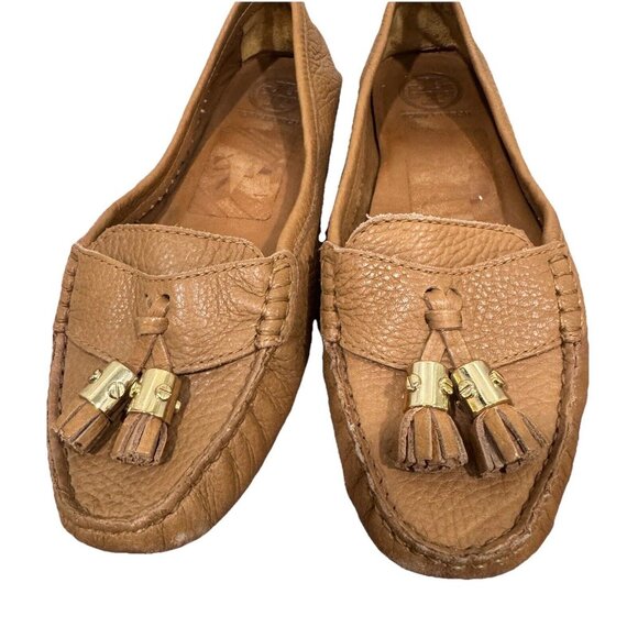 Tory Burch Camel PENNIE LOAFERS Pebble Leather Gold Slip-On Career‎ Womens 9M - Picture 4 of 13